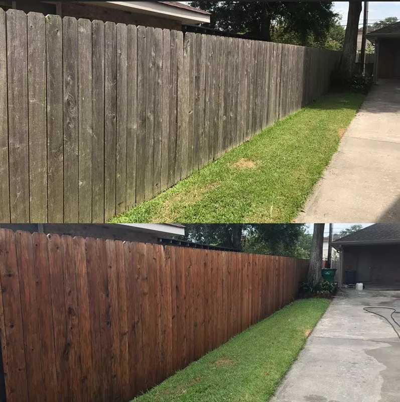 Before and after fence pressure washing result